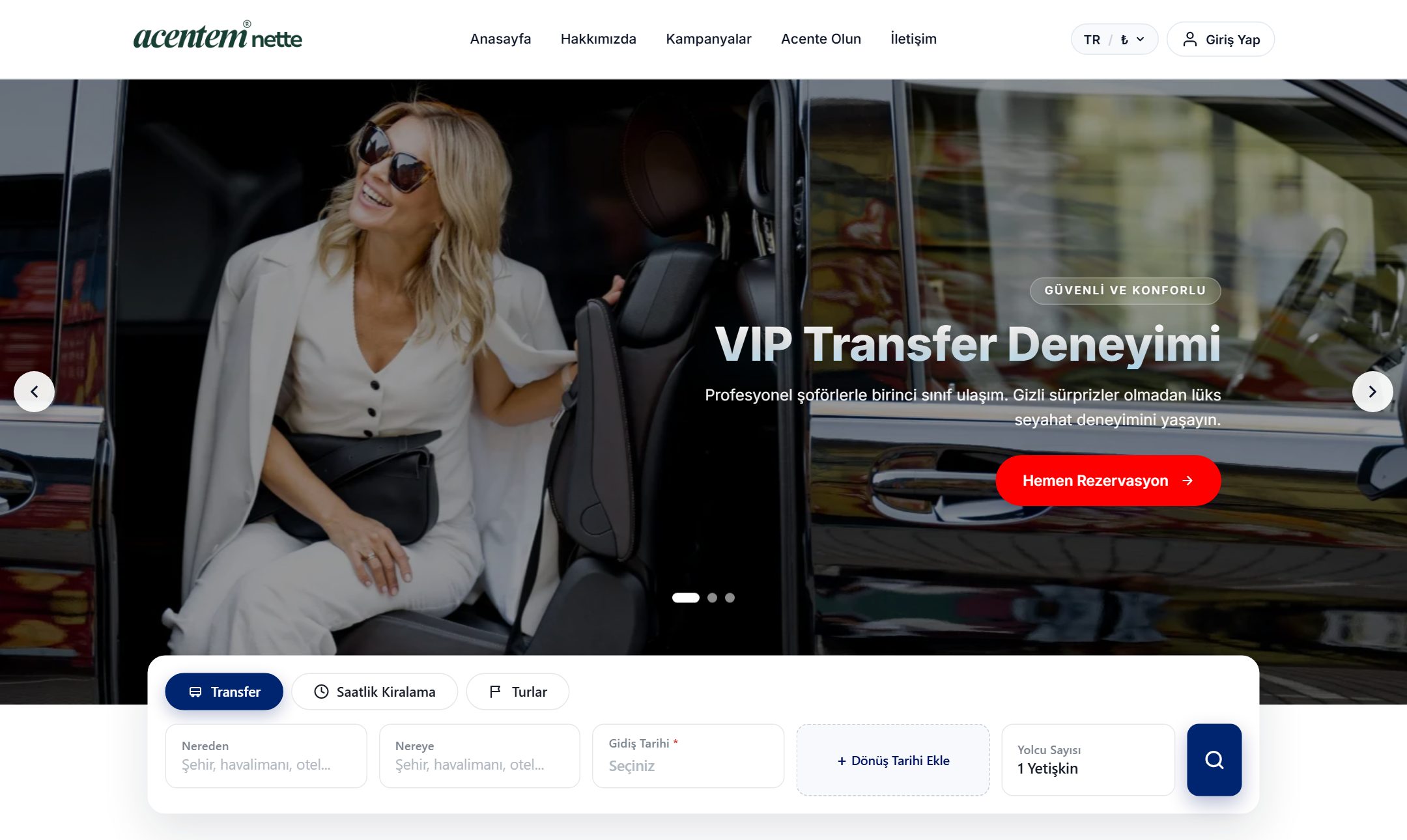 Acentem canlı demo — transfer rezervasyon ekranı